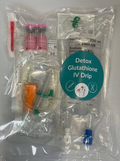Detox Glutathione IV drip set for beauty aesthetics, liver detox, and skin brightening. Boosts energy, performance, anti-aging, immune support.