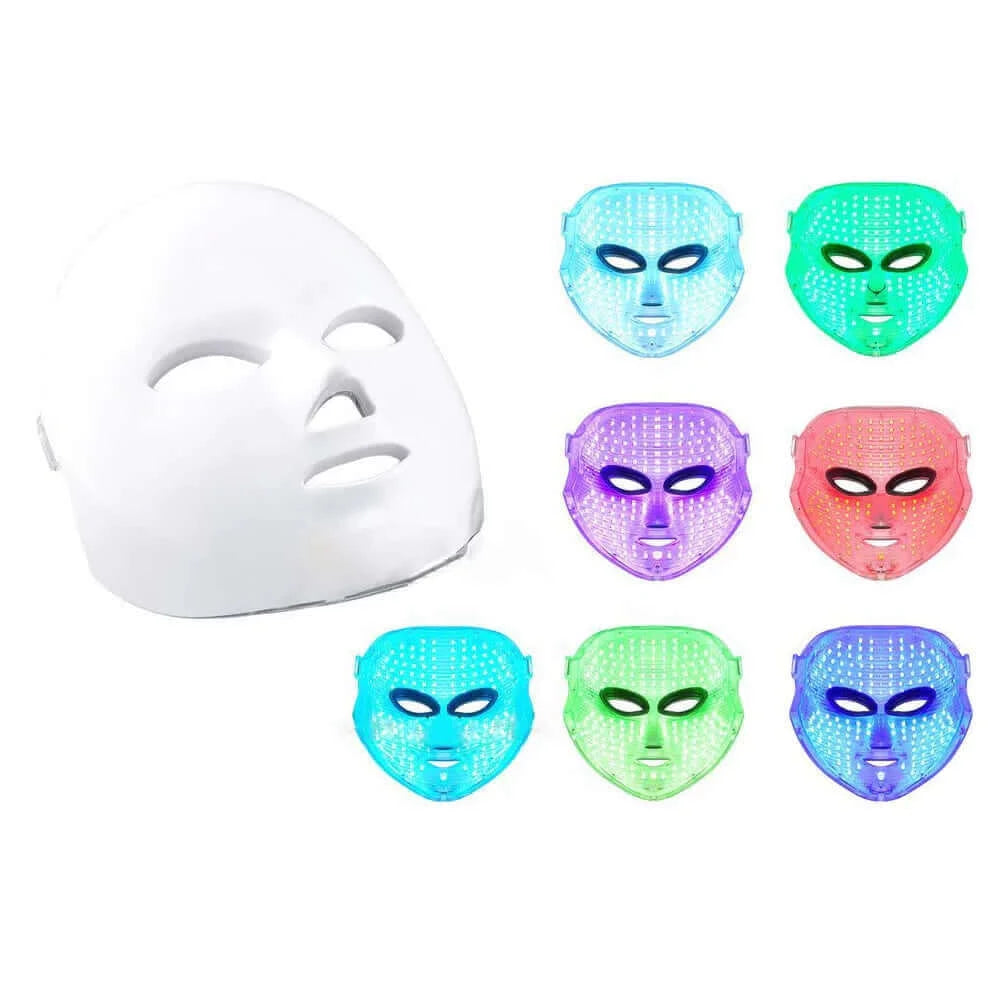 LED facial mask with 7 colors for different beauty aesthetics effects including skin rejuvenation, acne treatment, and anti-wrinkle therapy