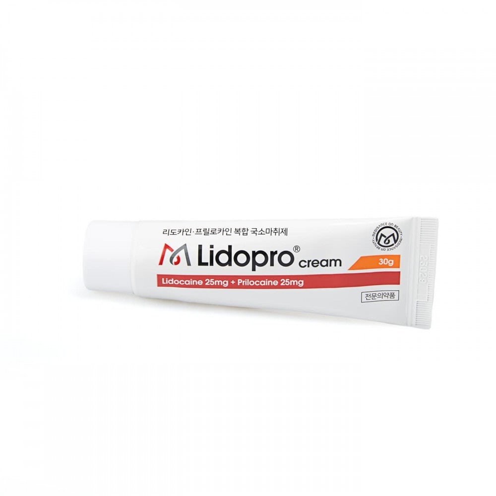 Tube of Lidopro numbing cream on a white background