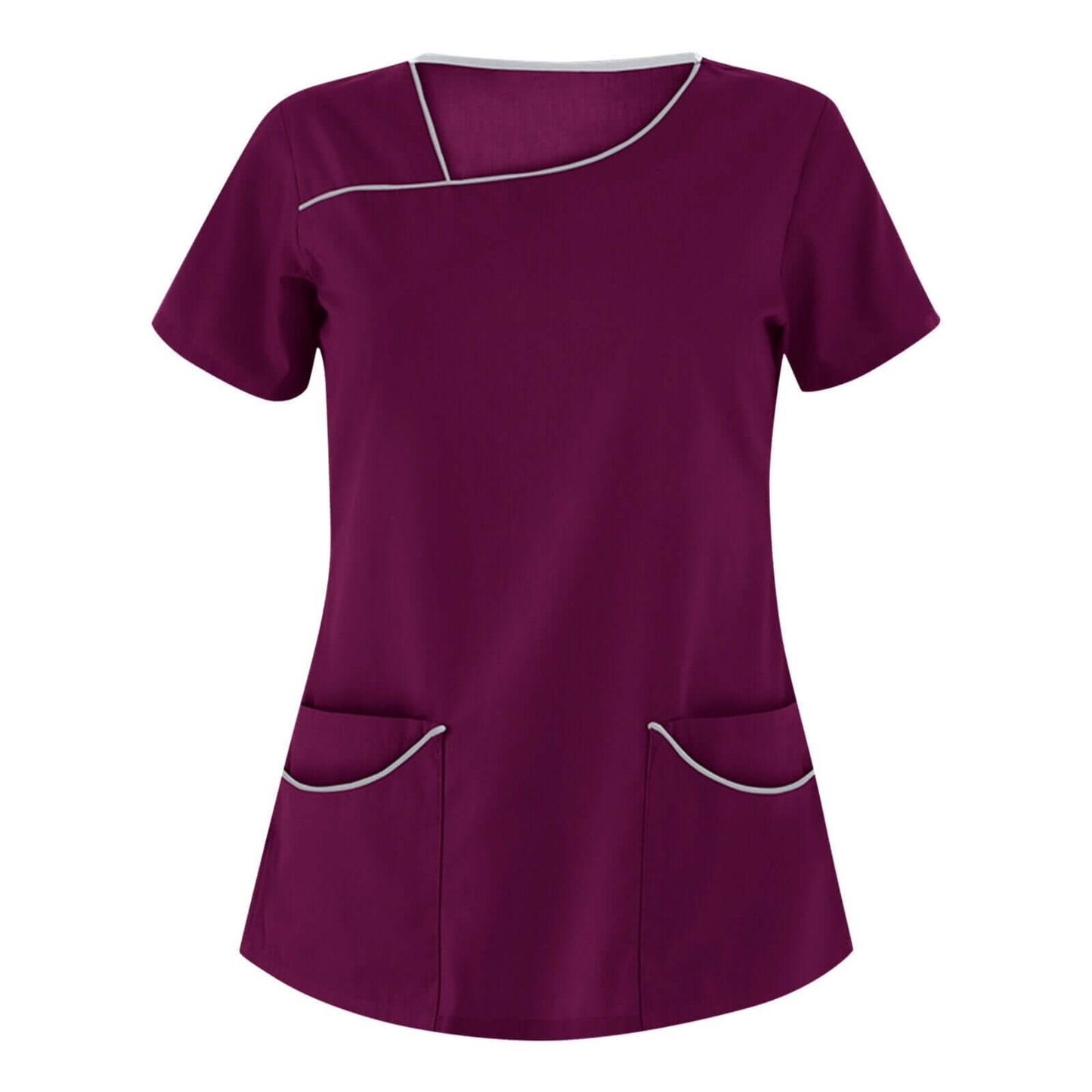 Stylish purple nursing uniform top for beauty salon professionals with functional pockets and polished design for aesthetics.
