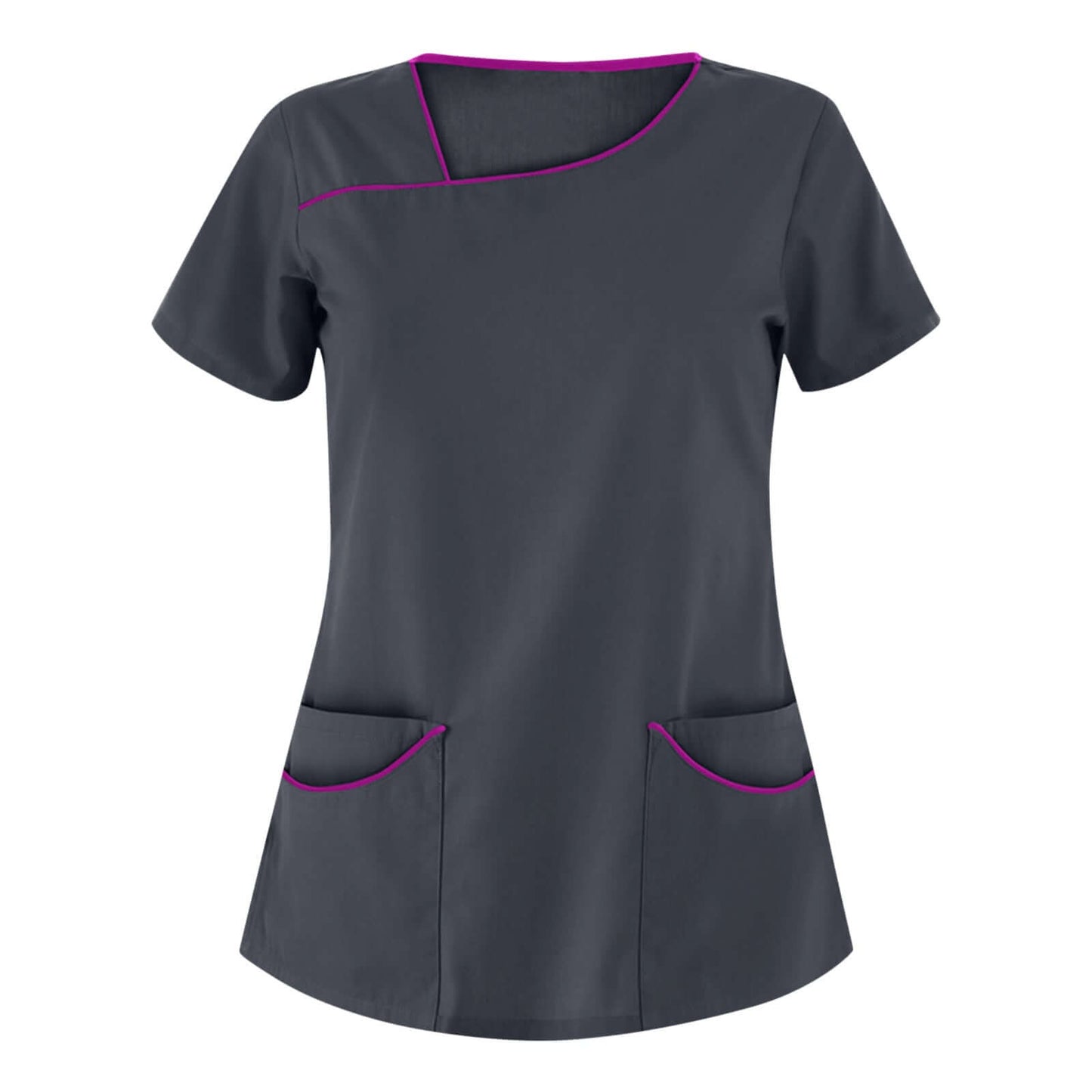 Stylish nursing uniform top for beauty salon professionals in dark gray with pink trim, blending aesthetics and functionality.