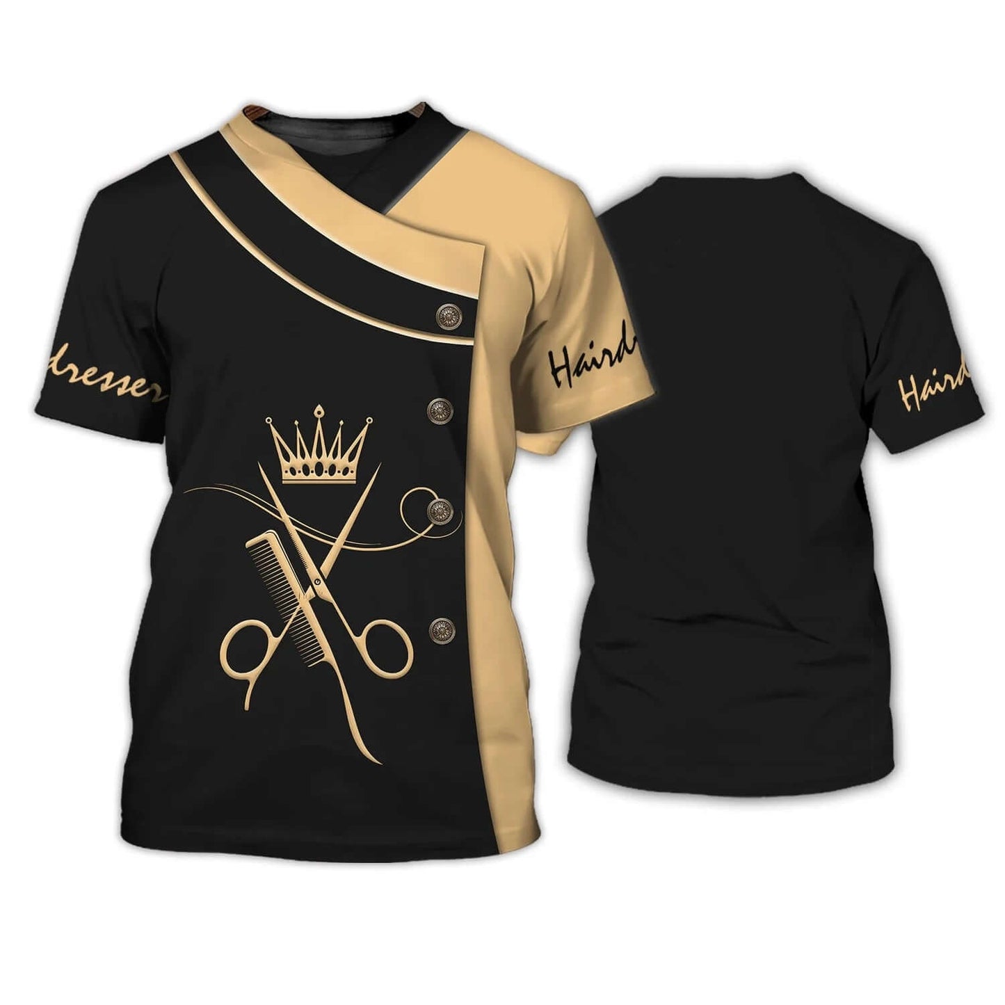 Stylish black and gold salon tee with hairdresser graphic and crown design for beauty aesthetics professionals