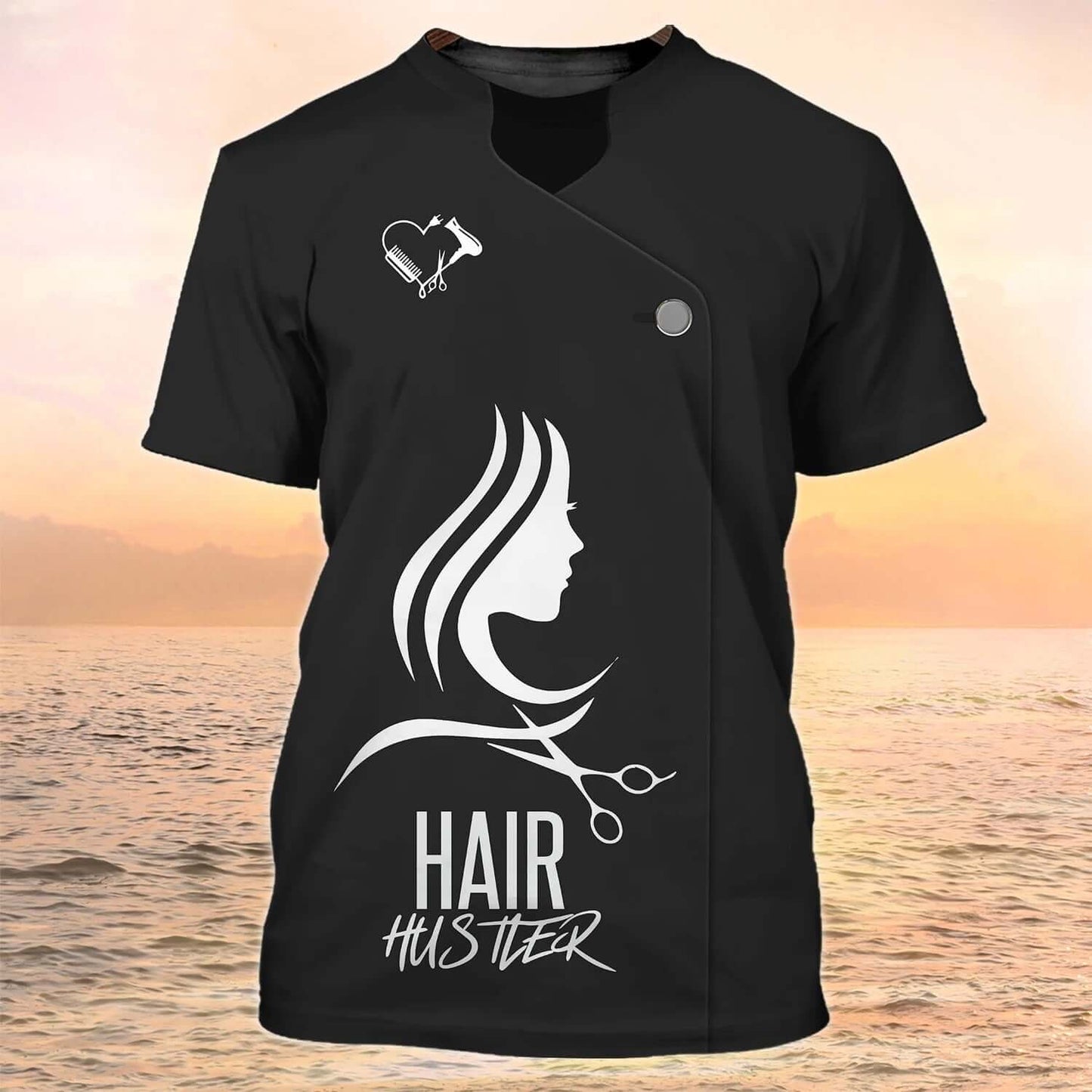 Black salon tee with white hair stylist logo and "Hair Hustler" text, ideal for beauty aesthetics professionals