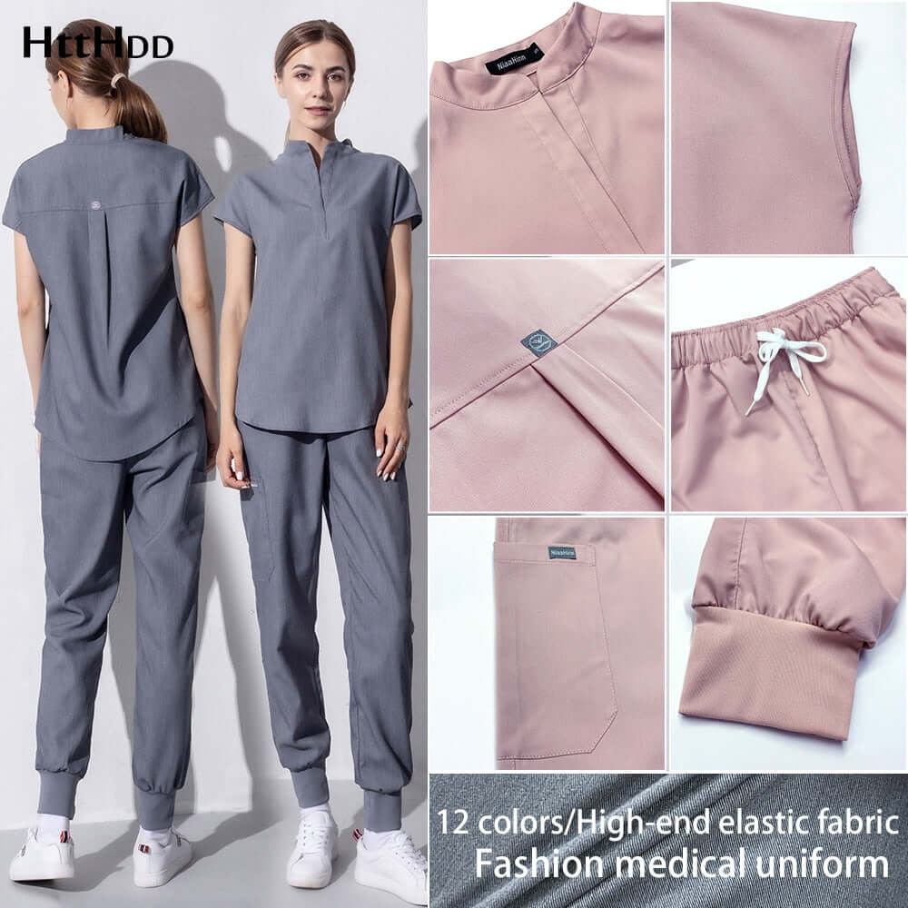 Women wearing fashion medical workwear featuring high-end elastic fabric in 12 colors for beauty and aesthetics professionals.