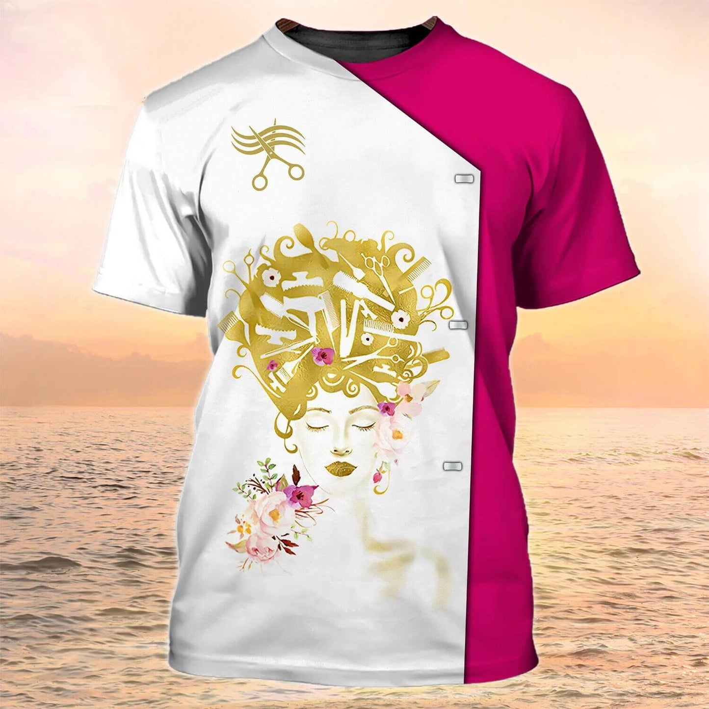 Colorful salon tee with gold aesthetic beauty design, short sleeve, O-neck, split pink and white, worn by the ocean during sunset.