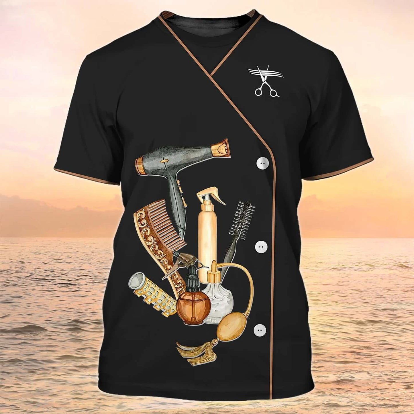 Stylish black salon tee with beauty aesthetics tools design and beach sunset background.