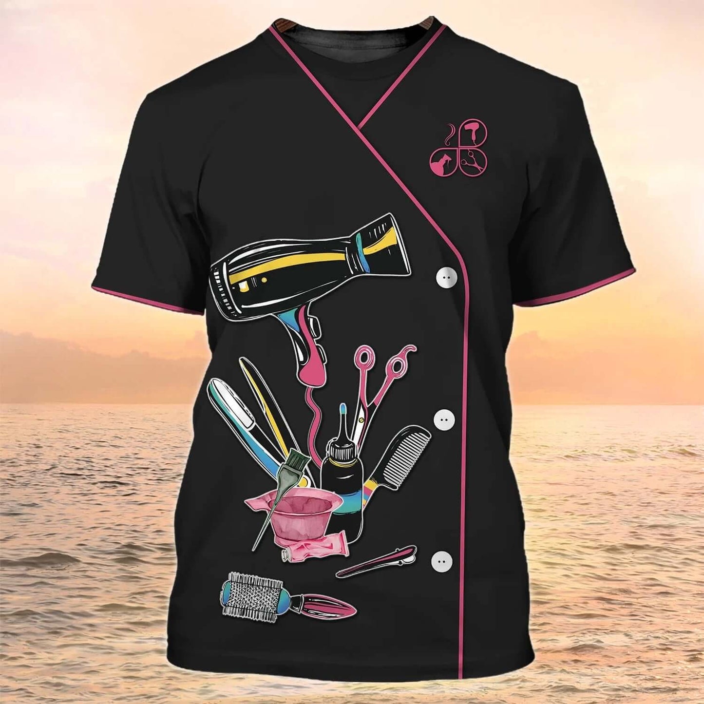 Salon-themed short sleeve top with O-neck design and hairdressing tools print against a sunset beach backdrop. Ideal for beauty aesthetics.