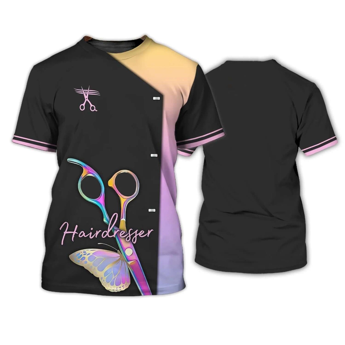"Summer O-Neck Salon Tee with Hairdresser Scissors Print, Beauty Aesthetics Design, Short Sleeves for Comfort in Warm Months"