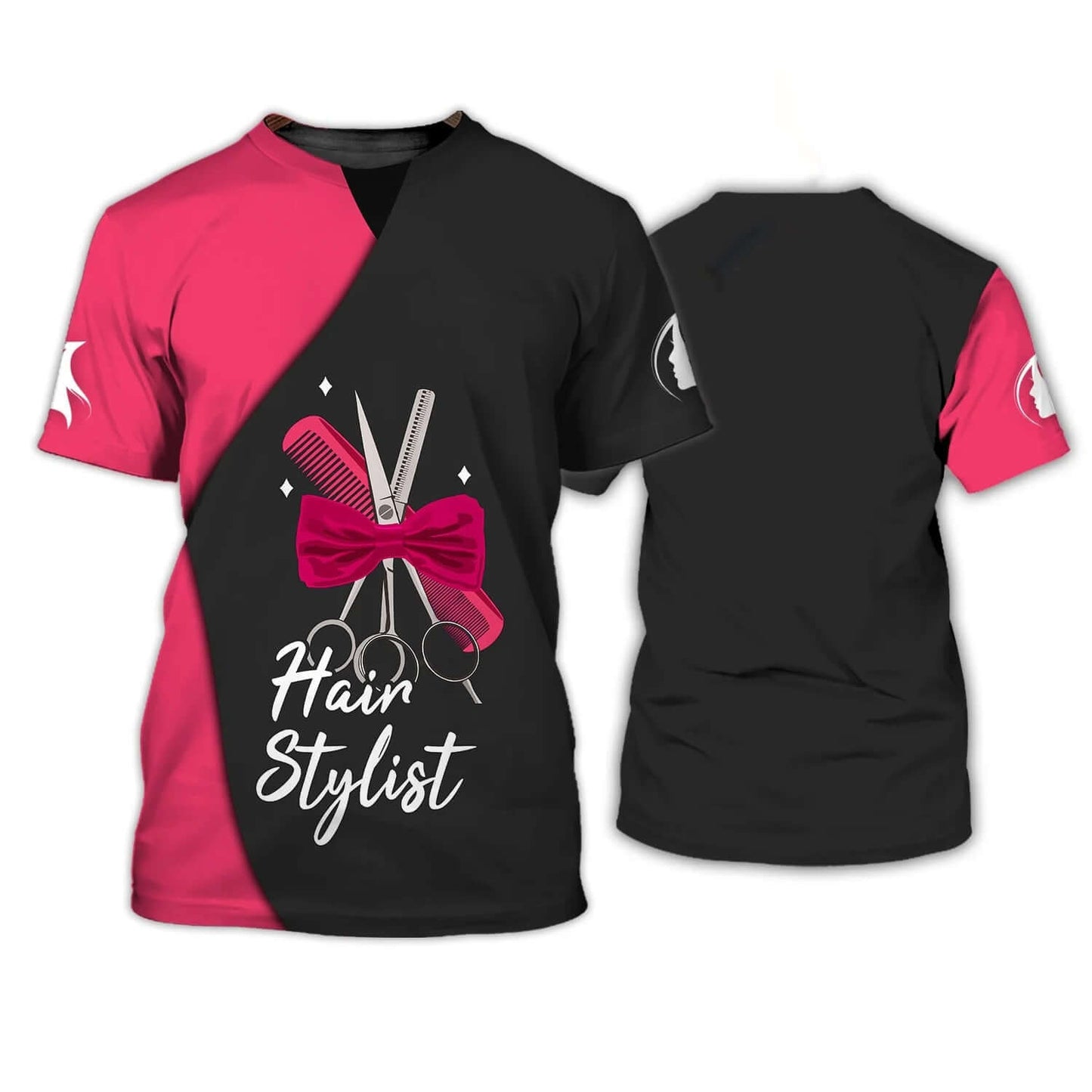 Stylish summer O-neck salon tee with hair stylist graphic in black and pink, short sleeves, perfect for beauty aesthetics professionals