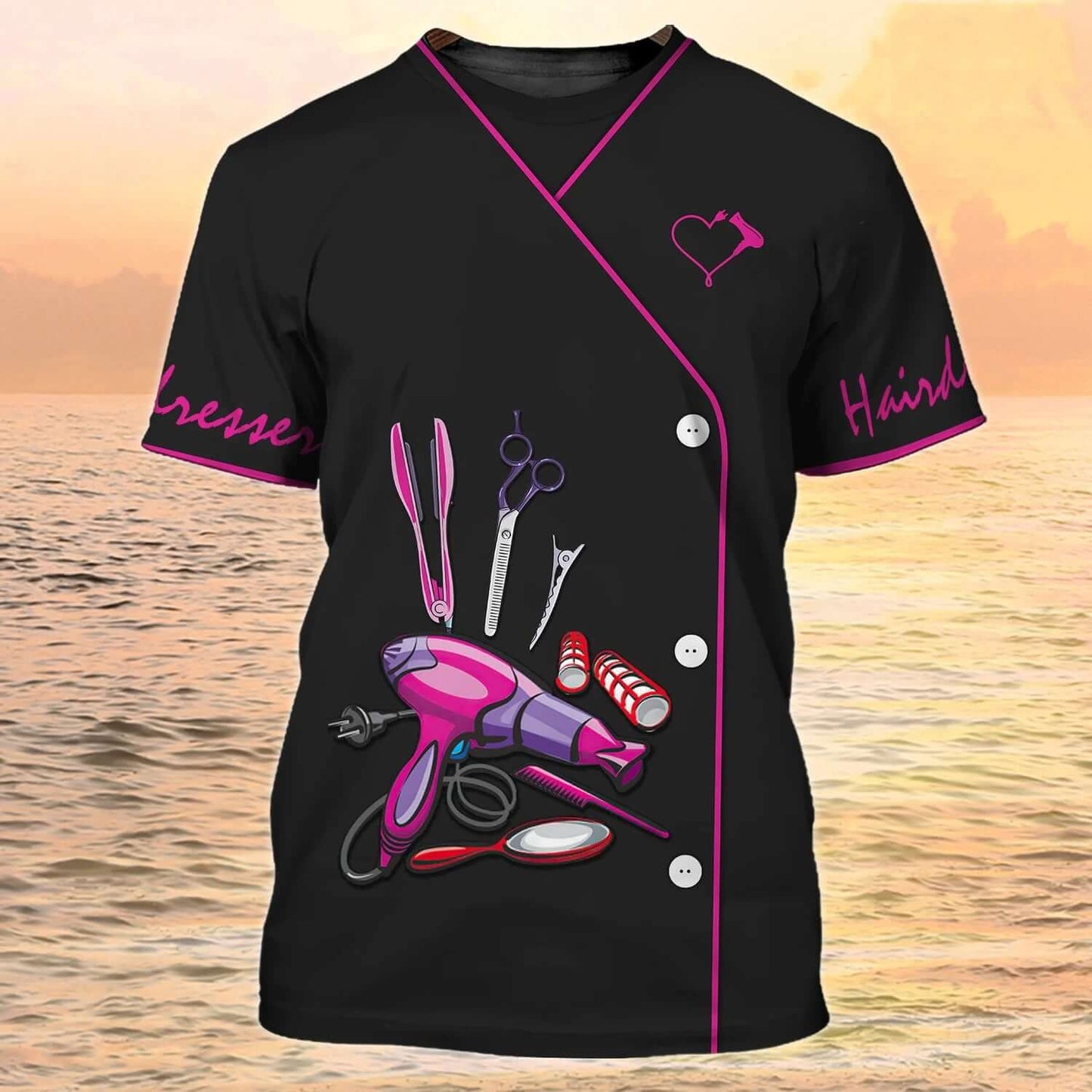 Black salon tee with hairdressing tools design and pink accents for beauty aesthetics professionals