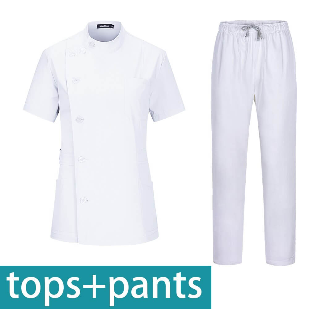 Short sleeve beauty salon clothing set with white top and pants, providing breathable and stylish workwear for beauty aesthetics professionals