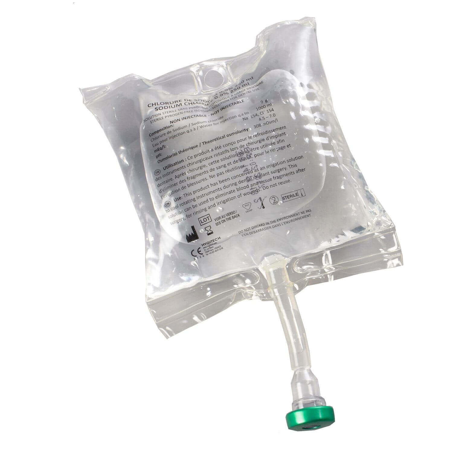 Sterile saline water pouch for irrigation, 0.9% sodium chloride, beauty aesthetics use, 250ml pouch from box of 10.