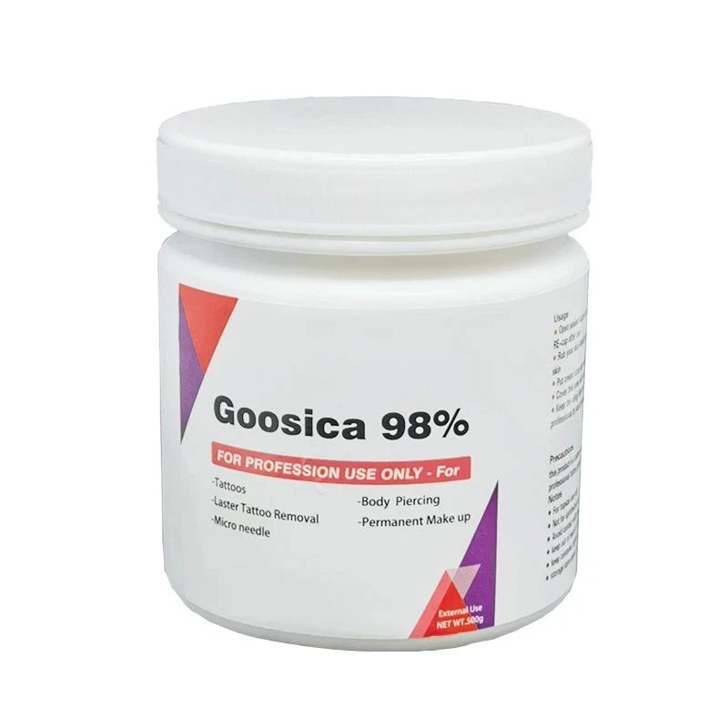 White jar labeled 'Goosica 98%' on a white background