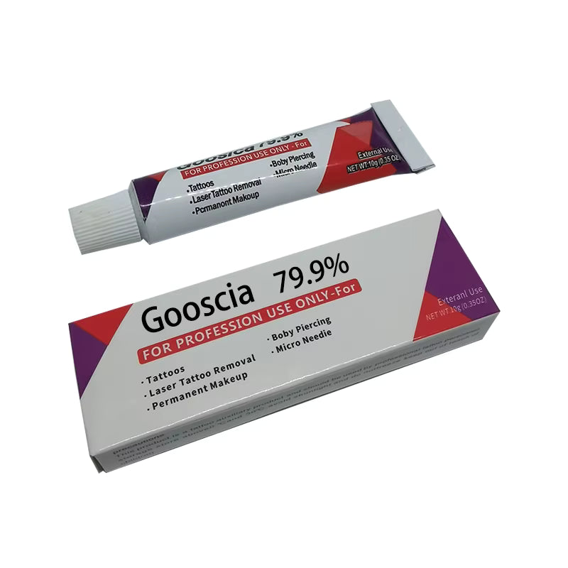 Gooscia 79.9 numbing cream product packaging with tube and box on a white background