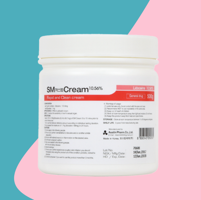 A container of SM Lido 10.56% Numbing Cream with product information and barcode visible.