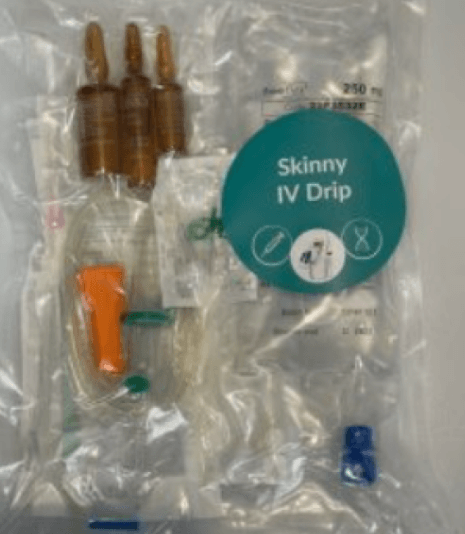 Skinny IV Drip Set with NaCl and L-Arginine Bags for weight loss, metabolism boost, and beauty aesthetics benefits.