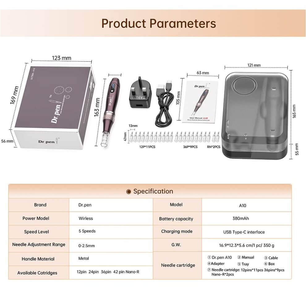 Dr. Pen A10 product parameters and specifications including packaging, accessories, adjustable needle lengths, and charging options.