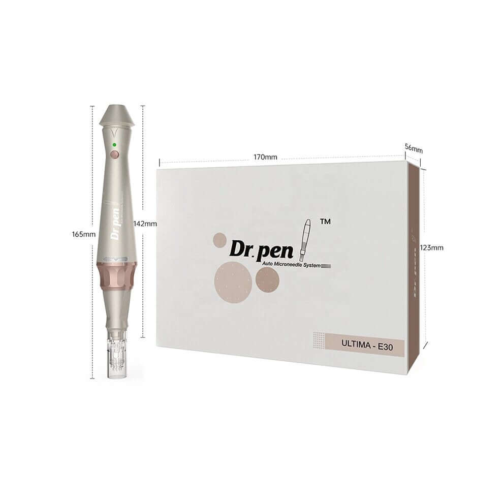 Dr. Pen E30 Cordless Skin Care Device with Disposable 12 Pins Cartridges for Beauty Aesthetics, Includes Packaging Dimensions.