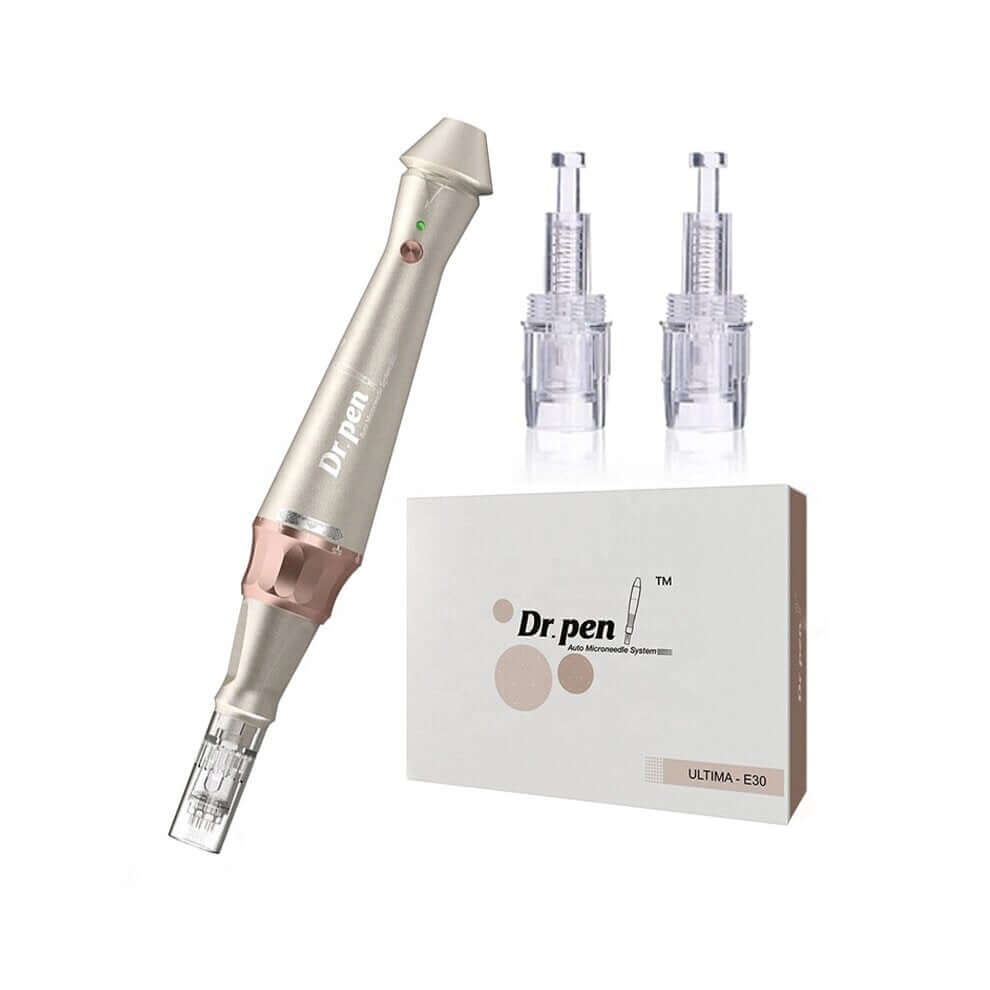 Dr. Pen E30 cordless skin care tool with 12 pin cartridges for effective beauty aesthetics and smoother skin.