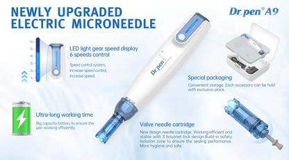 Dr Pen A9The Dr pen A9 micro needling device brand new for 2022 features 6 speeds, depth adjustment range of 0.25-2.50 and the new 3 slot connector for a extra stable connection. The Dr pen A9 micro needling device, brand new for 2022 features 6 speeds, d