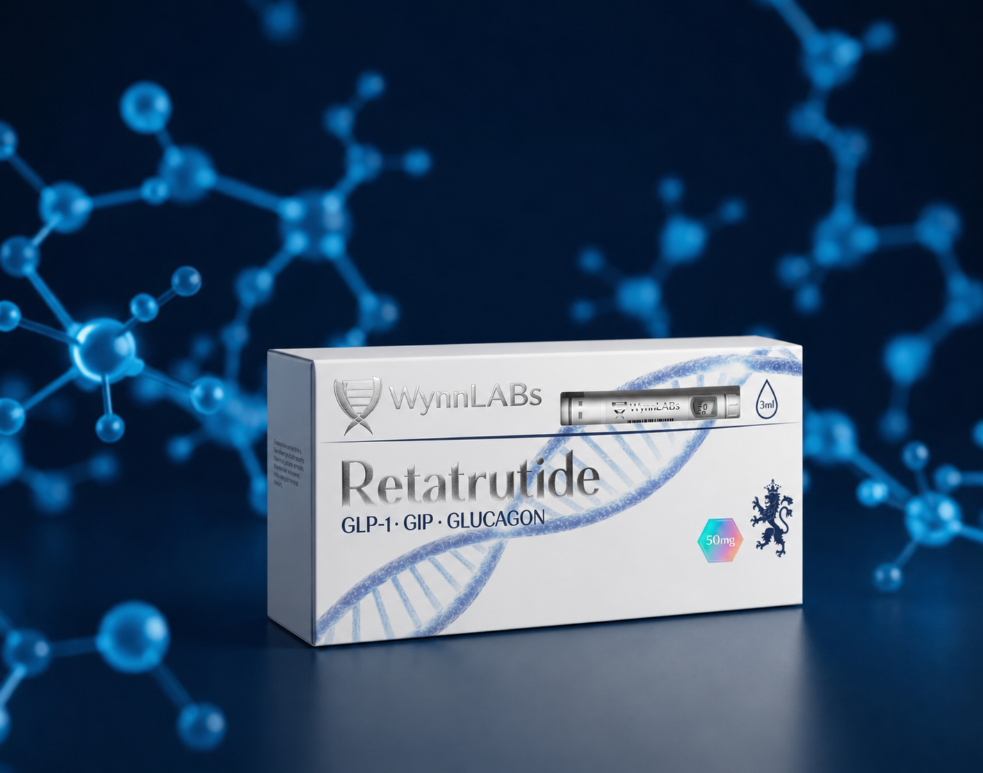 Retatrutide 50mg packaging with molecular background, buy retatrutide online for weight loss solutions.