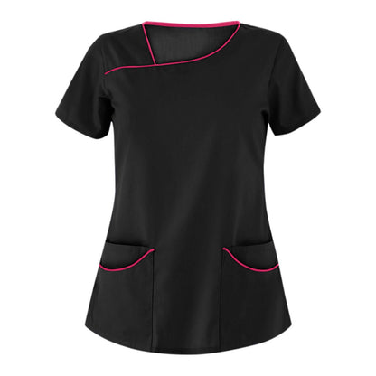 Short Sleeve V-Neck Beauty Spa Uniform with pink trim, ideal for professionals in beauty and aesthetics industry.