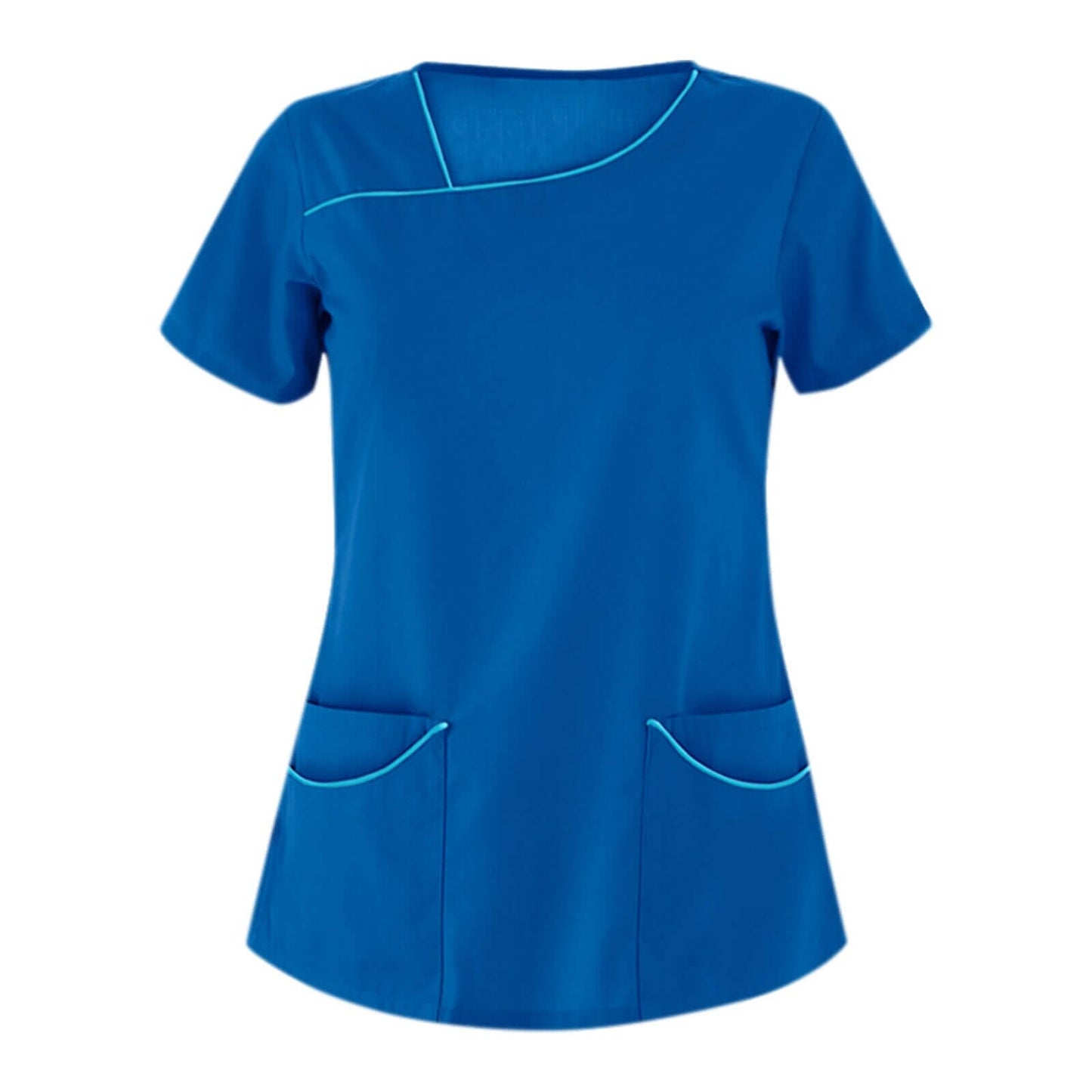 Blue short sleeve V-neck beauty spa uniform, ideal for beauty aesthetics professionals, featuring elegant design and functionality.