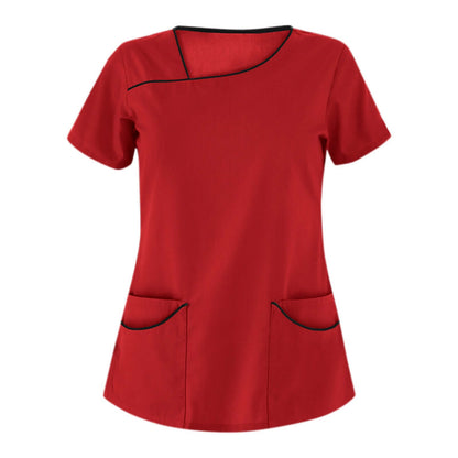 Red short sleeve V-neck beauty spa uniform with pockets, designed for comfort and style in aesthetics industry.