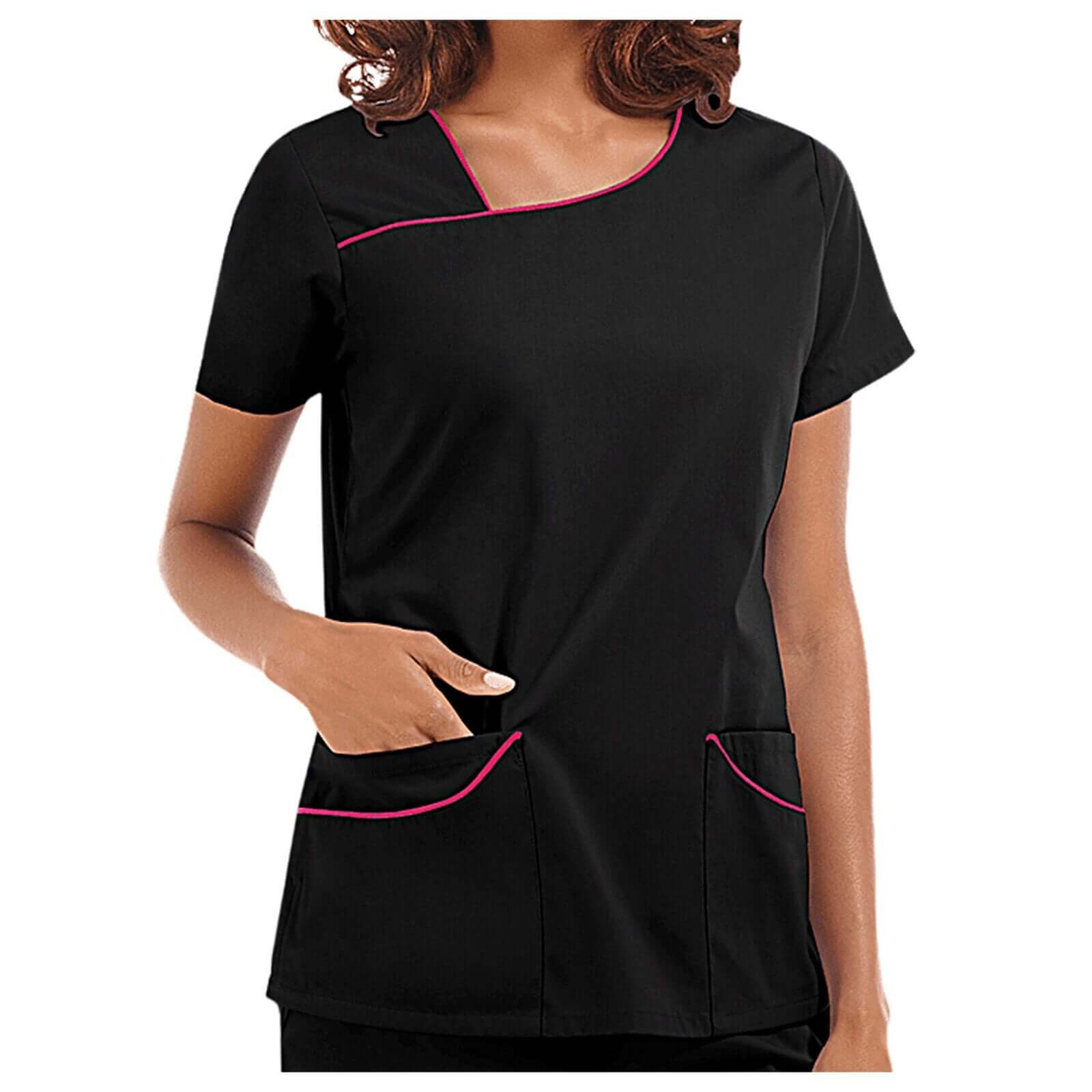 Stylish short sleeve V-neck beauty spa uniform with pink accents for aesthetics professionals