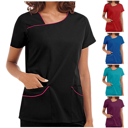 Short sleeve beauty spa uniforms in black, red, blue, teal, and purple display V-neck design and aesthetics for spa professionals.