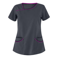 Stylish nursing uniform top for beauty salon professionals in dark gray with pink trim, blending aesthetics and functionality.