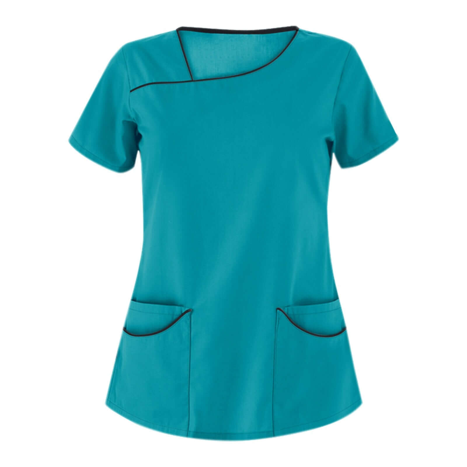 Turquoise short sleeve V-neck beauty spa uniform with pockets, ideal for aesthetics professionals.