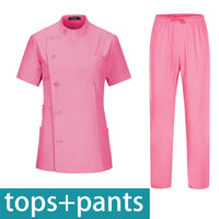 Pink short sleeve beauty salon top and pants set for aesthetics professionals