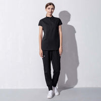 Fashion women salon workwear - stylish black top and pants for professional beauty aesthetics