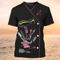 Stylish salon tee with beauty tools design, perfect for professionals seeking comfort and aesthetics during summer.