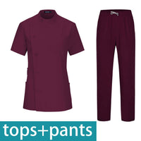 Short sleeve beauty salon clothing set with top and pants in maroon, offering style and comfort for beauty aesthetics professionals