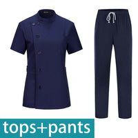 Short sleeve beauty salon clothing set with navy blue top and pants for beauty aesthetics professionals