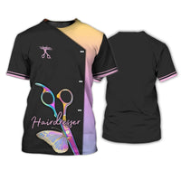 "Summer O-Neck Salon Tee with Hairdresser Scissors Print, Beauty Aesthetics Design, Short Sleeves for Comfort in Warm Months"