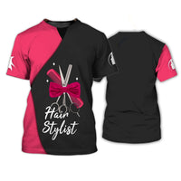 Stylish summer O-neck salon tee with hair stylist graphic in black and pink, short sleeves, perfect for beauty aesthetics professionals