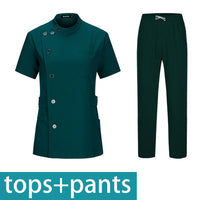 Short sleeve beauty salon top and pants set for aesthetics professionals, showcasing stylish and comfortable workwear.