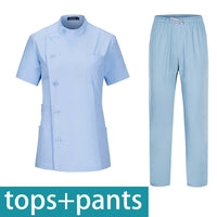 Short sleeve beauty salon clothing set with top and pants in light blue, ideal for beauty aesthetics professionals