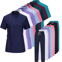 Variety of short sleeve beauty salon clothing in multiple colors showcasing beauty aesthetics.